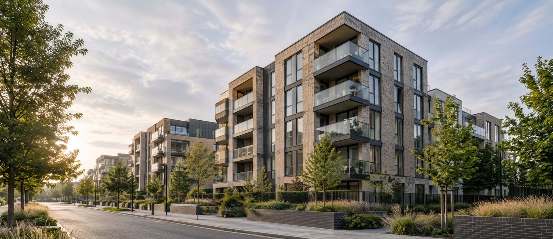 Modern brick apartment blocks along a landscaped street in early morning light
