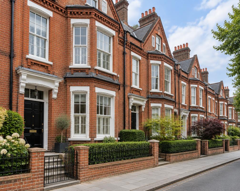 Red-brick period homes with established front gardens